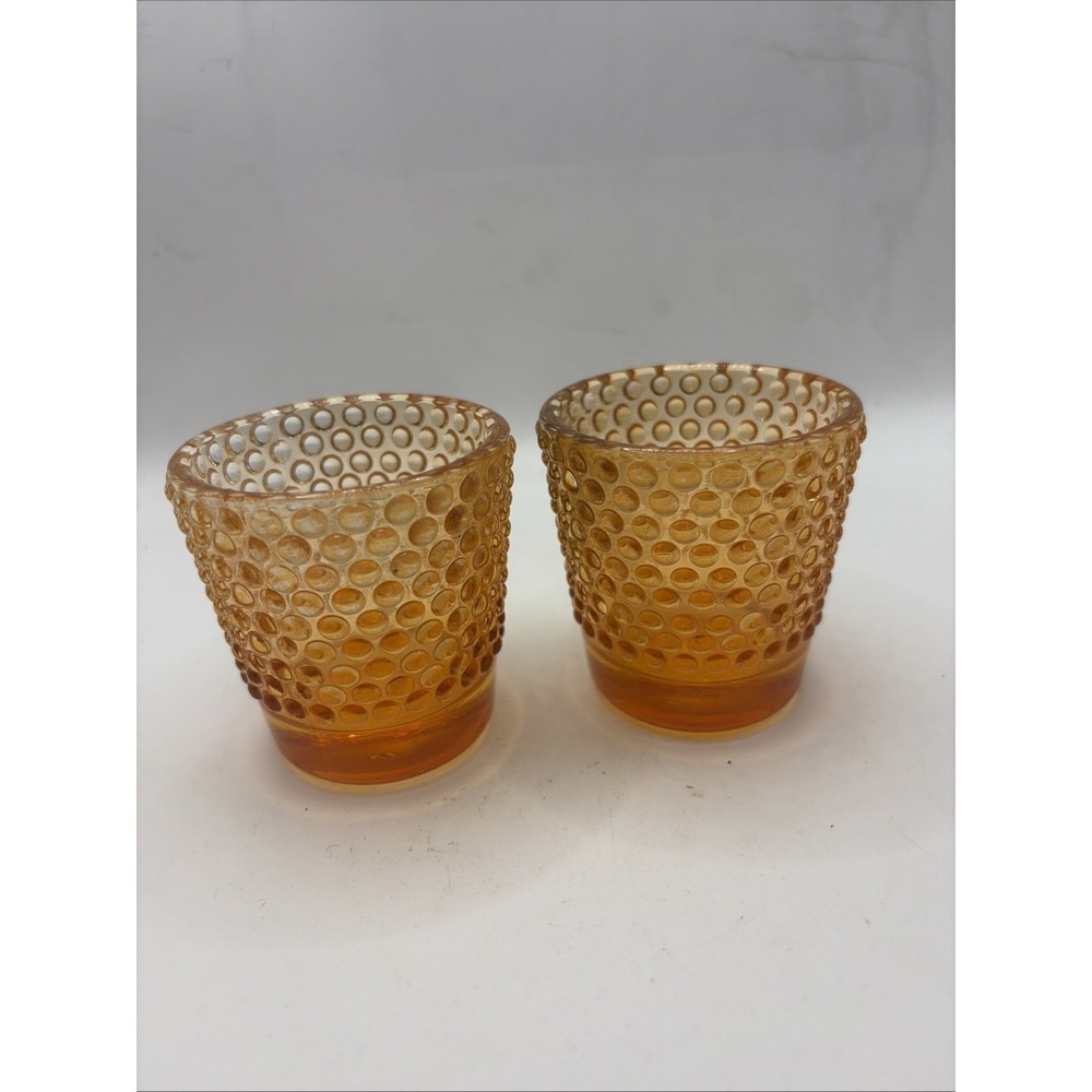 Two Vintage Amber Orange Hobnail Glass Votive Candle Holders toothpick USA